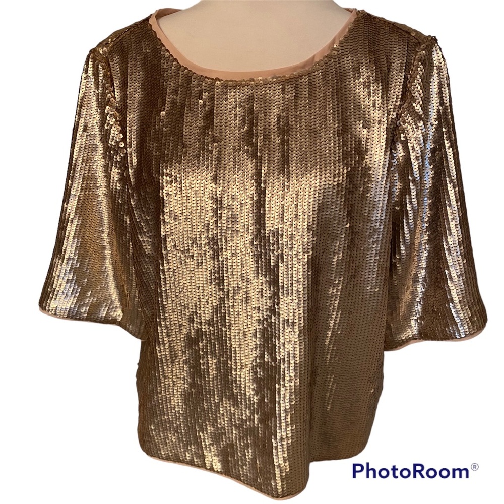 J. CREW TOP BLOUSE PALE PINK SEQUINS SHORT SLEEVES BLACK BOW TIE BACK SIZE 8